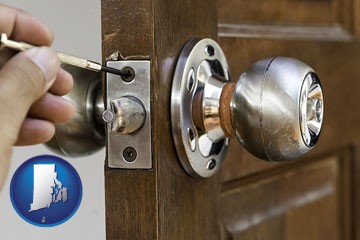 a locksmith and a door lock - with Rhode Island icon